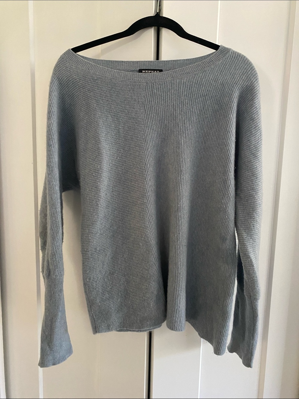 Repeat Cashmere Off-the-Shoulder Ribbed Sweater in Light Blue